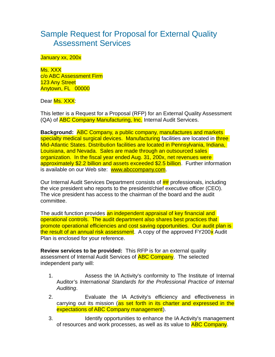 Sample Request Letter for Proposal for External Quality Assessment Services - Document Preview