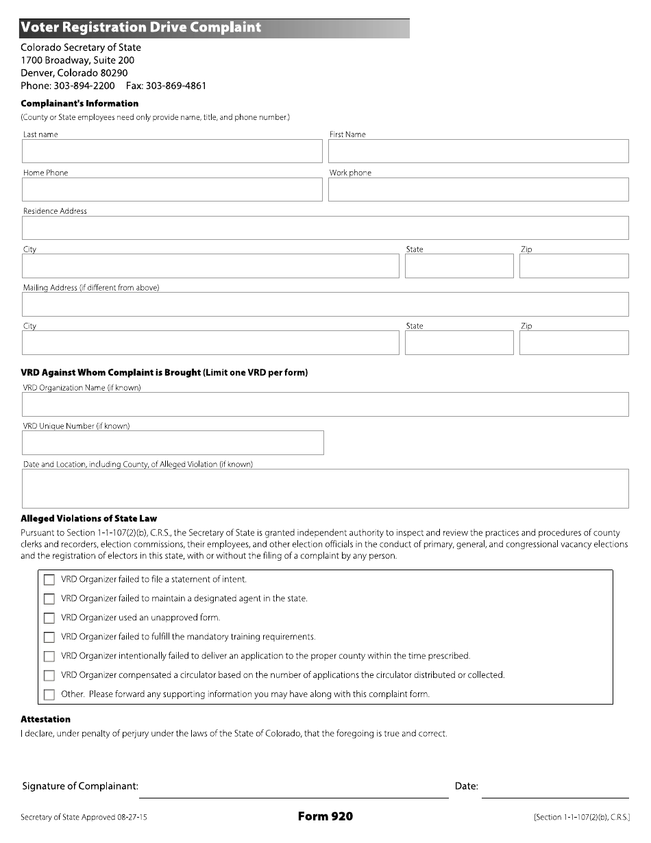 Form 920 - Fill Out, Sign Online and Download Fillable PDF, Colorado ...