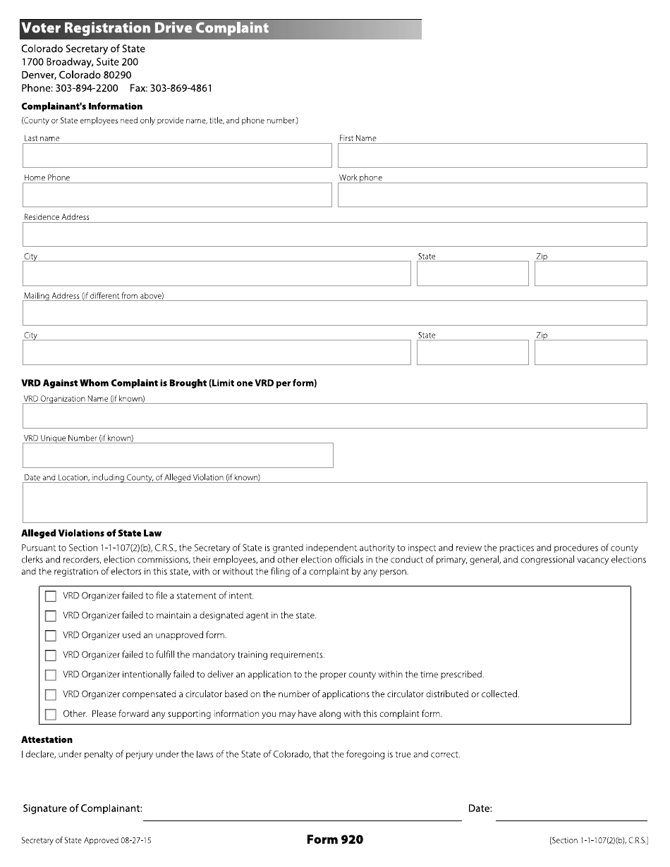 Form 920 Voter Registration Drive Complaint - Colorado, Page 1
