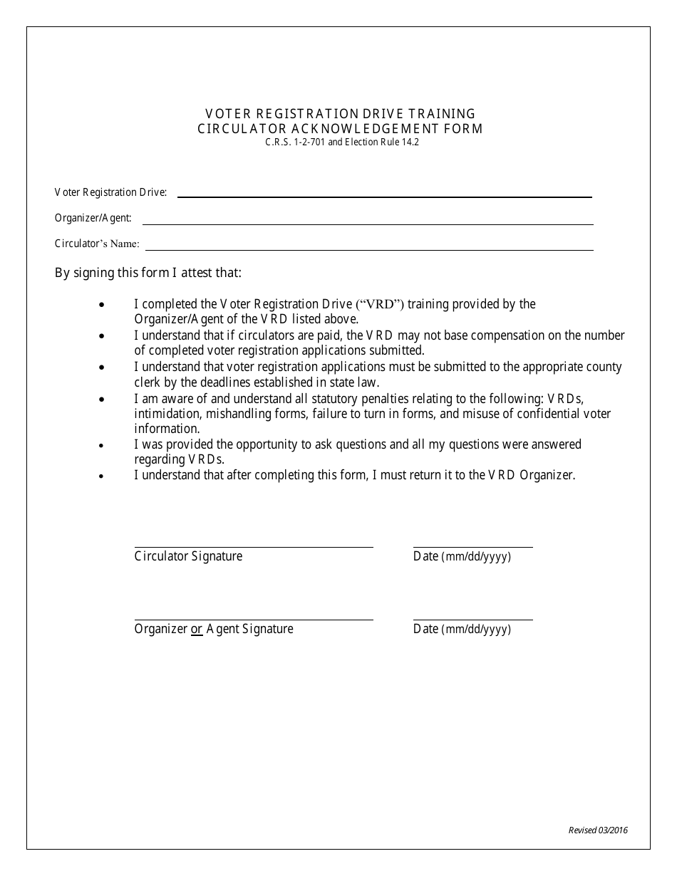 Voter Registration Drive Training Circulator Acknowledgement Form - Colorado, Page 1