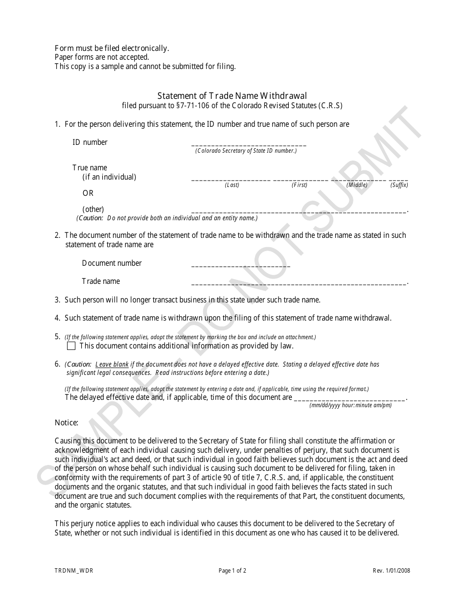 Statement of Trade Name Withdrawal - Sample - Colorado, Page 1