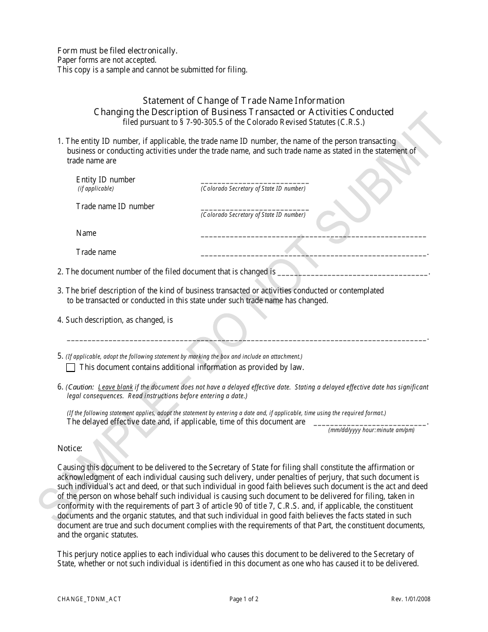 Statement of Change of Trade Name Information Changing the Description of Business Transacted or Activities Conducted - Sample - Colorado, Page 1