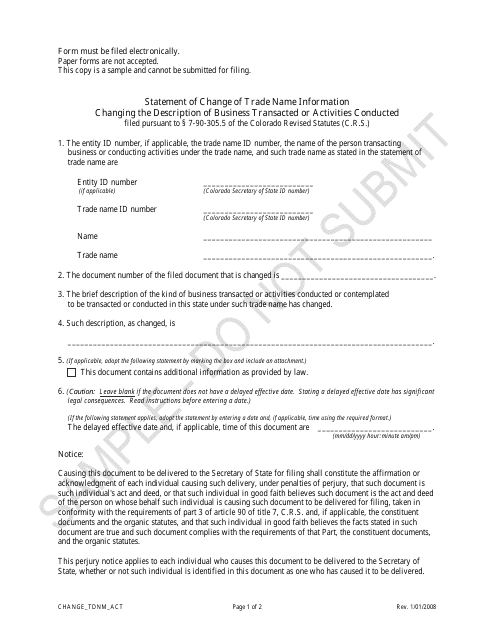 Statement of Change of Trade Name Information Changing the Description of Business Transacted or Activities Conducted - Sample - Colorado Download Pdf