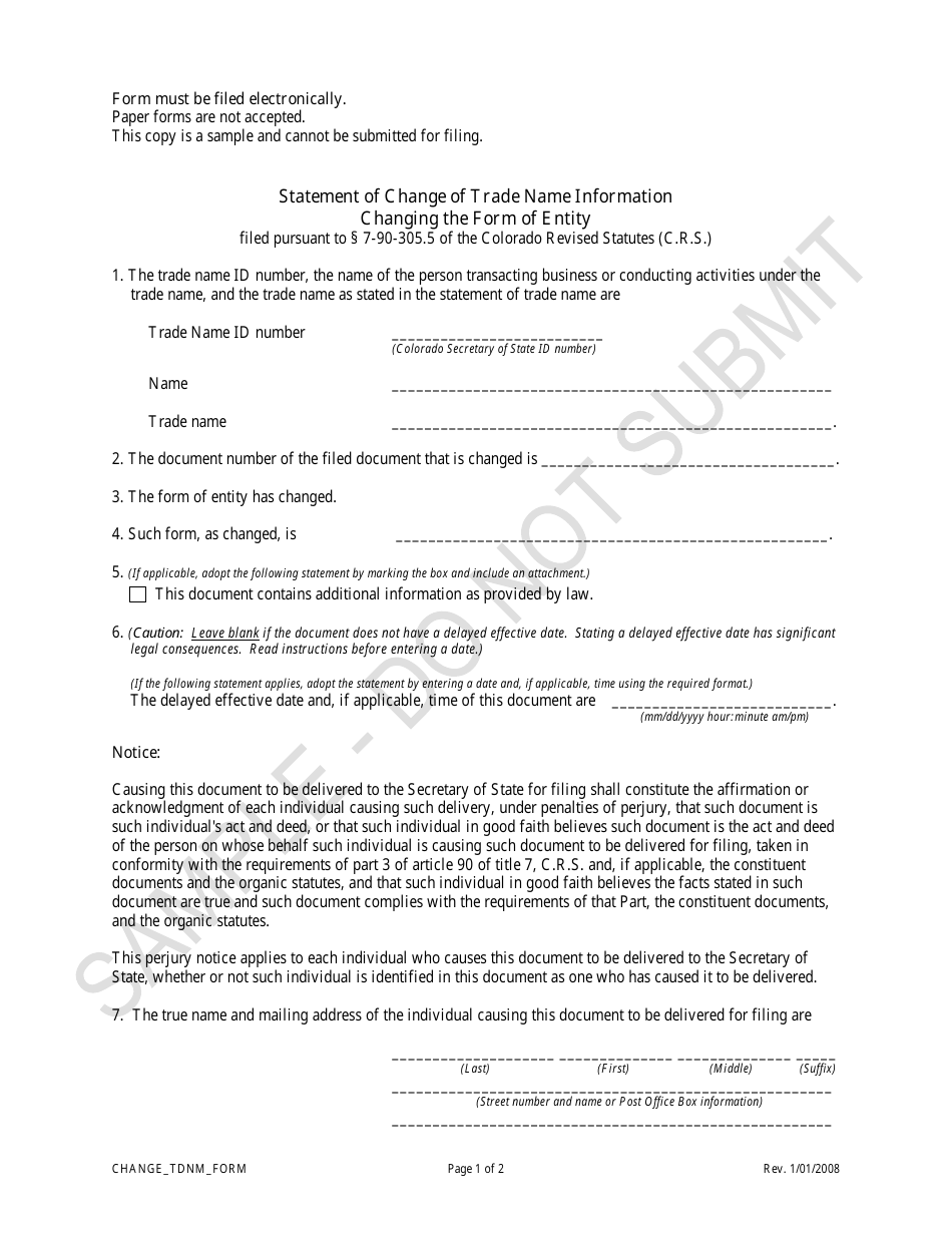 Statement of Change of Trade Name Information Changing the Form of Entity - Sample - Colorado, Page 1