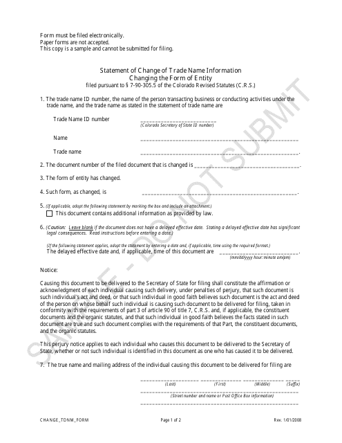 Statement of Change of Trade Name Information Changing the Form of Entity - Sample - Colorado Download Pdf