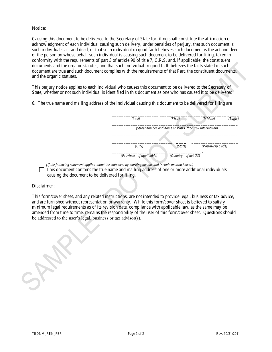 Statement of Trade Name Renewal of a Person Other Than a Reporting Entity, a Domestic Limited Partnership or a Dissolved or Delinquent Reporting Entity, or a Converted Entity - Sample - Colorado, Page 2