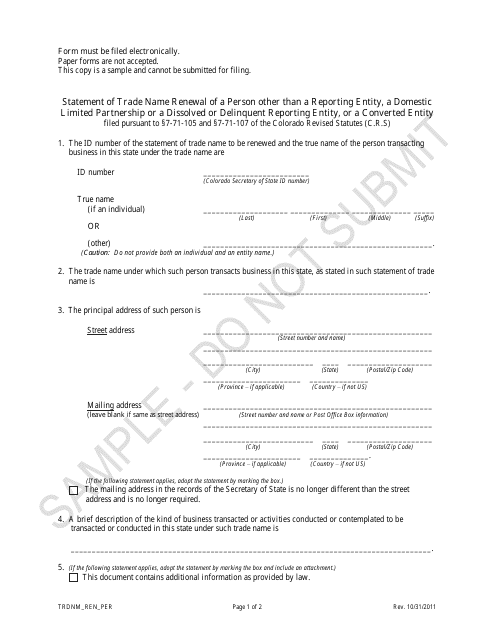 Statement of Trade Name Renewal of a Person Other Than a Reporting Entity, a Domestic Limited Partnership or a Dissolved or Delinquent Reporting Entity, or a Converted Entity - Sample - Colorado Download Pdf