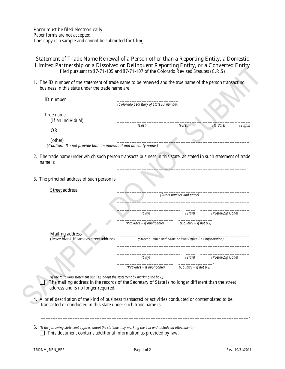 Colorado Statement of Trade Name Renewal of a Person Other Than a