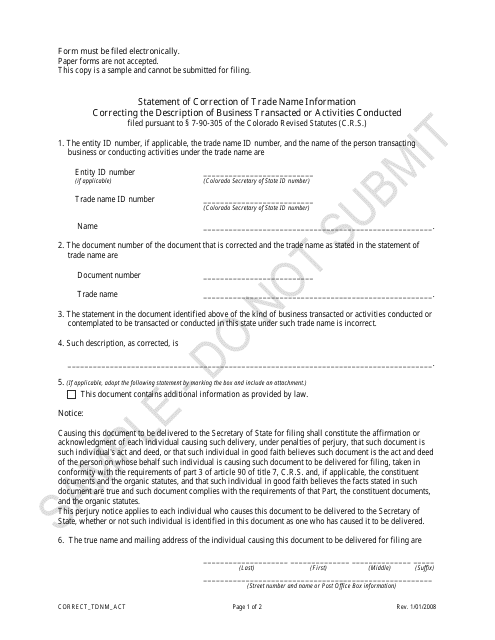 Statement of Correction of Trade Name Information Correcting the Description of Business Transacted or Activities Conducted - Sample - Colorado Download Pdf
