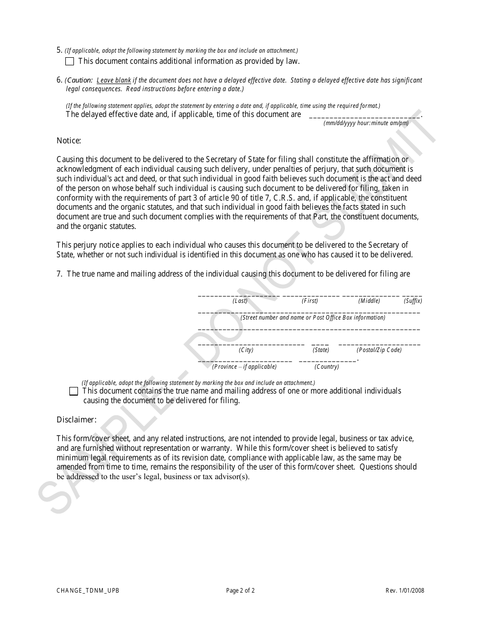 Colorado Statement of Change of Trade Name Information Changing the ...