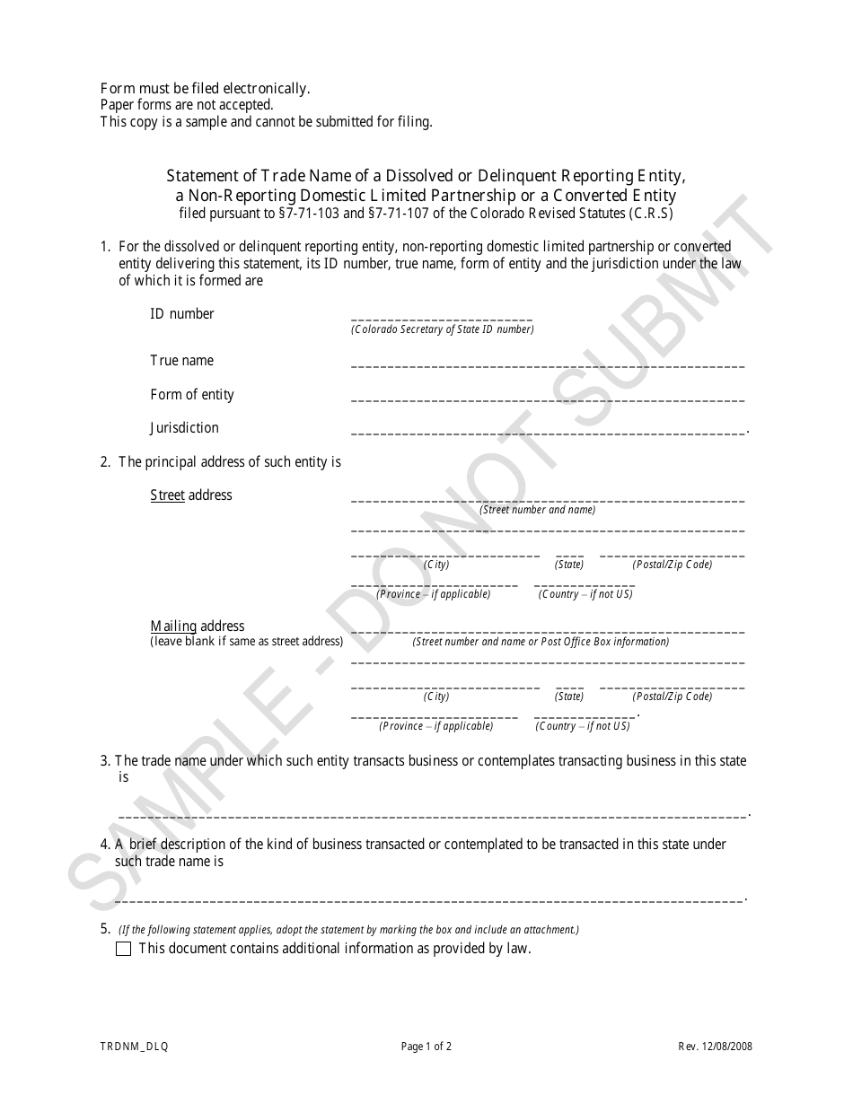 Statement of Trade Name of a Dissolved or Delinquent Reporting Entity, a Non-reporting Domestic Limited Partnership or a Converted Entity - Sample - Colorado, Page 1