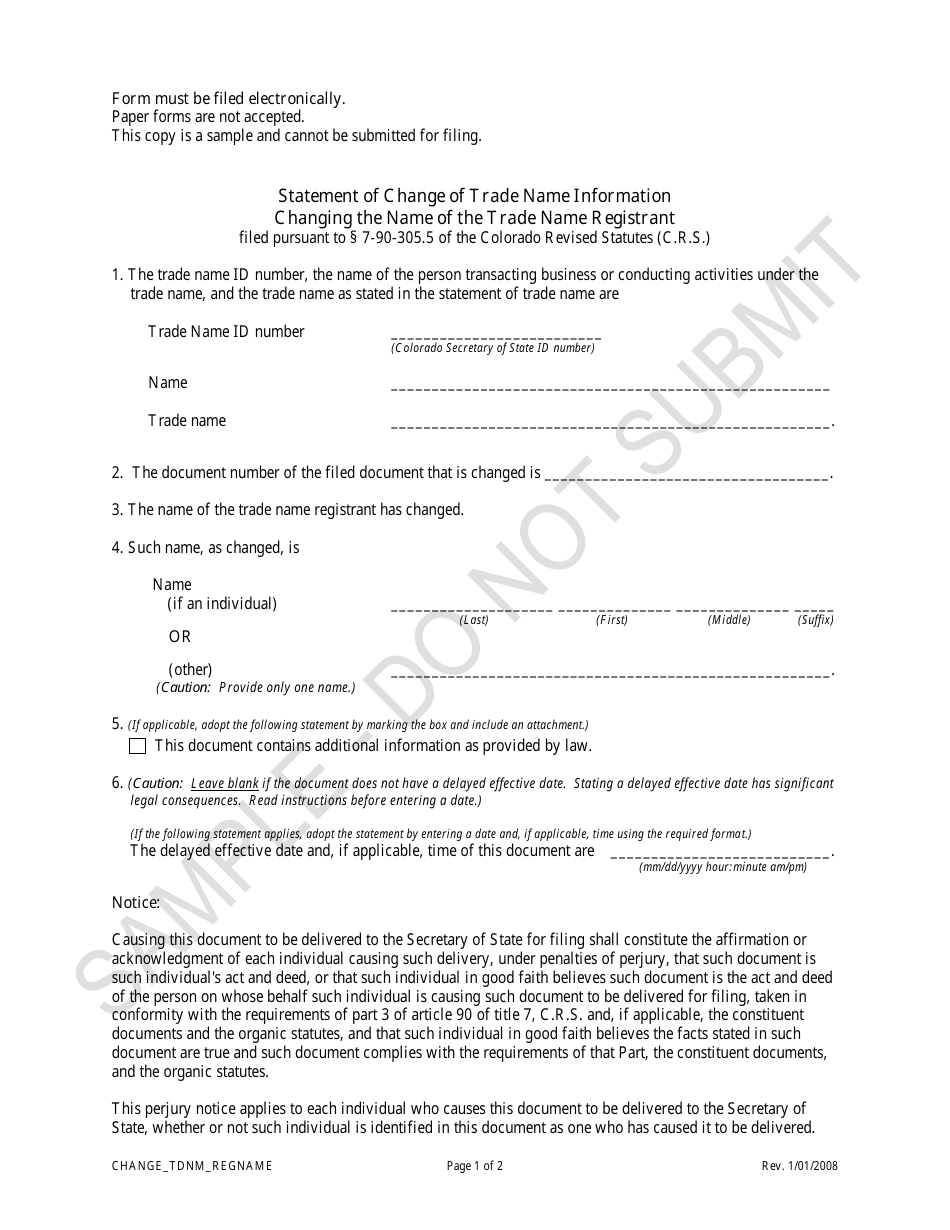 Statement of Change of Trade Name Information Changing the Name of the Trade Name Registrant - Sample - Colorado, Page 1