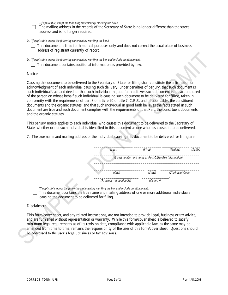 Statement of Correction of Trade Name Information Correcting the Principal Address - Sample - Colorado, Page 2