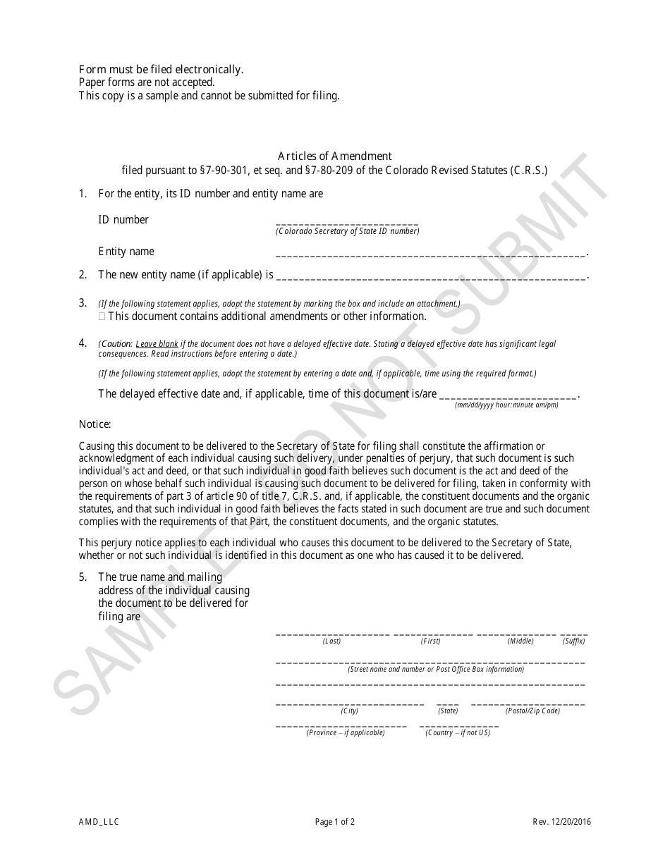 Articles of Amendment - Limited Liability Companies - Sample - Colorado, Page 1