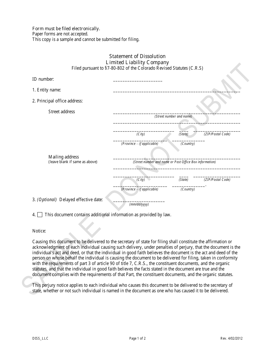 Statement of Dissolution - Limited Liability Companies - Sample - Colorado, Page 1