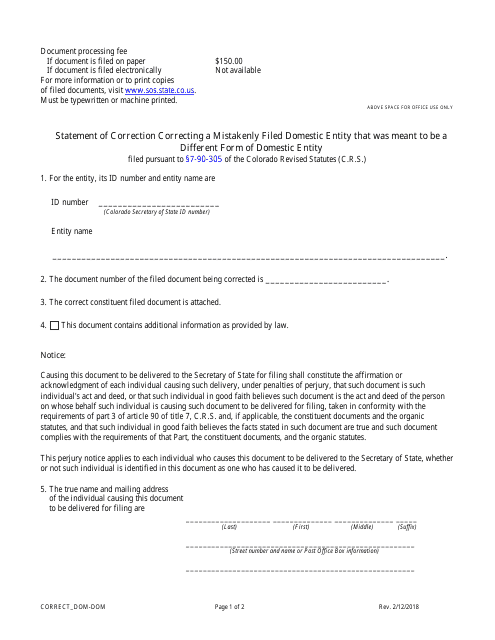 Statement of Correction Correcting a Mistakenly Filed Domestic Entity That Was Meant to Be a Different Form of Domestic Entity - Limited Liability Companies - Colorado Download Pdf