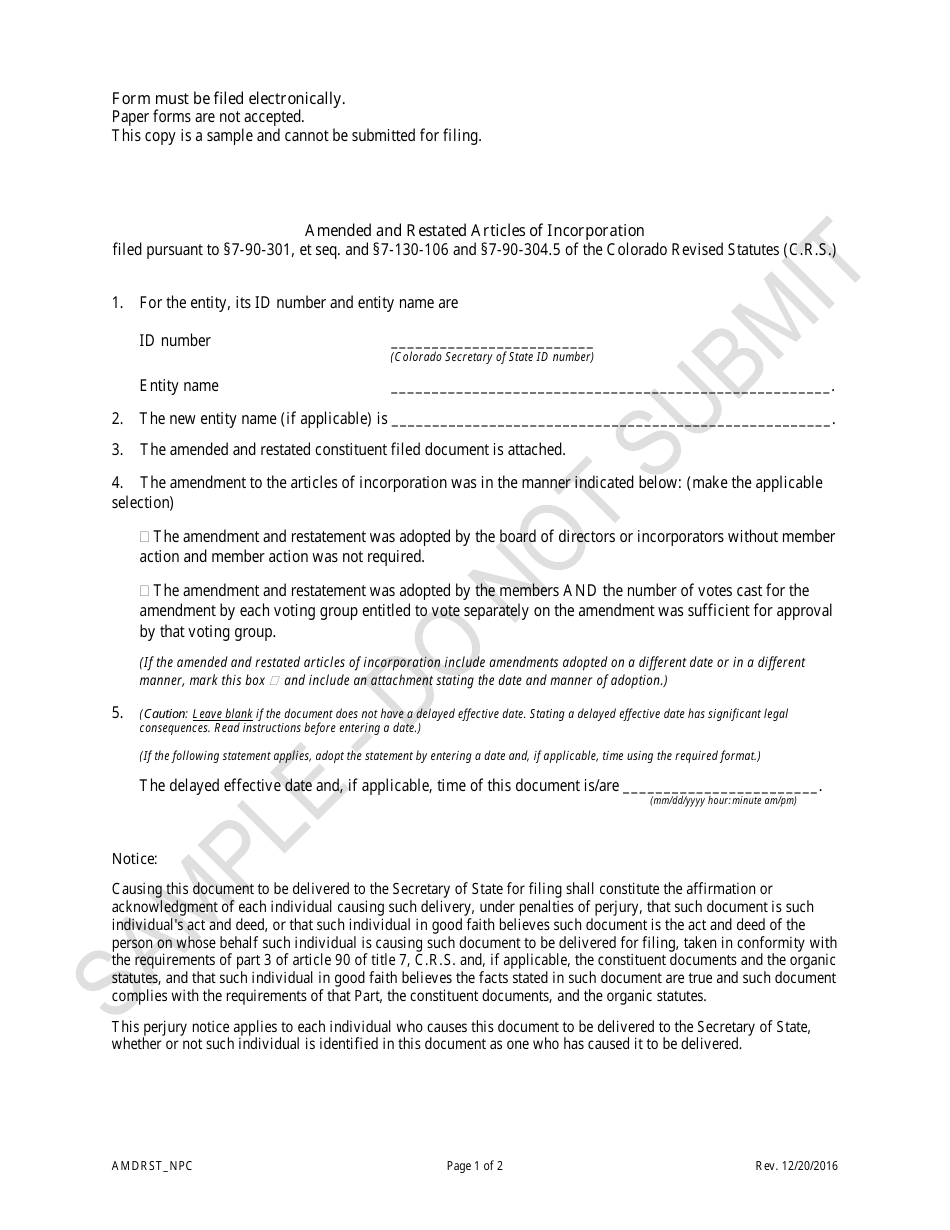Amended and Restated Articles of Incorporation - Nonprofit Corporations - Sample - Colorado, Page 1