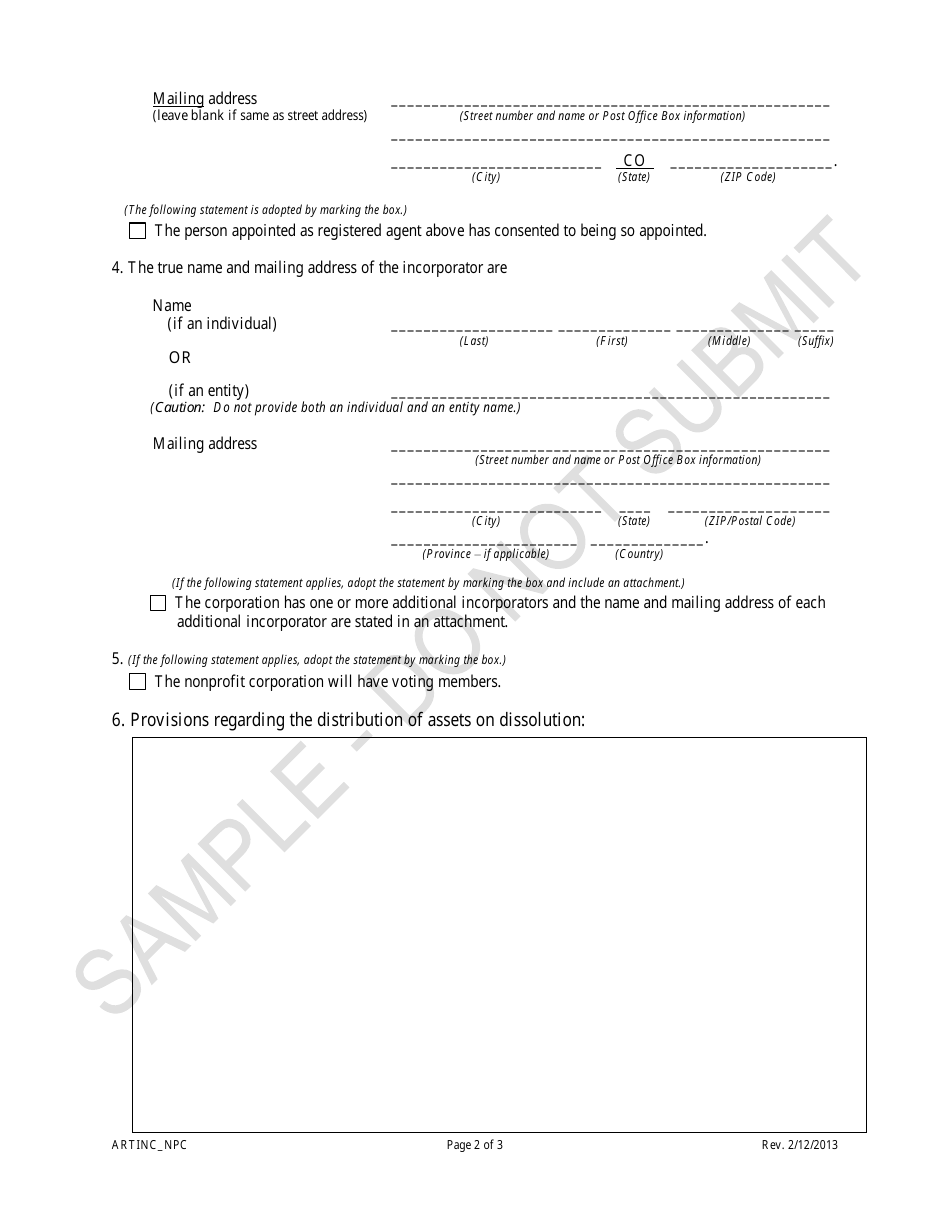 Colorado Articles Of Incorporation For A Nonprofit Corporation Sample Fill Out Sign Online 1040