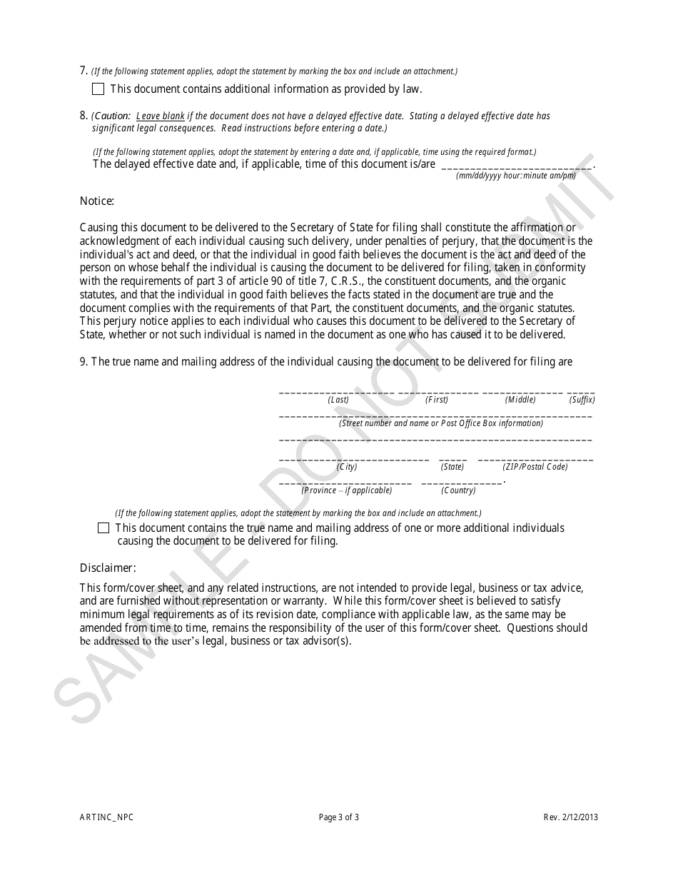 Colorado Articles of Incorporation for a Nonprofit Corporation - Sample ...