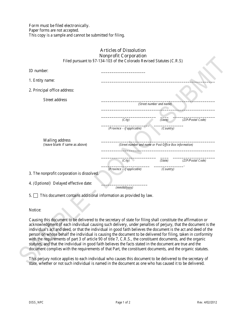 Articles of Dissolution - Nonprofit Corporations - Sample - Colorado, Page 1