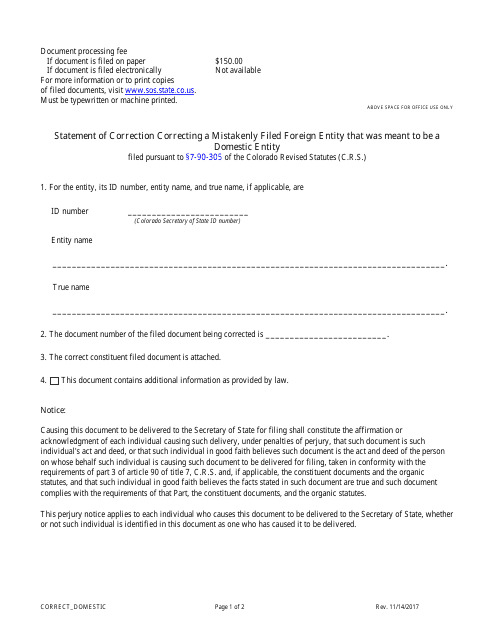 Statement of Correction Correcting a Mistakenly Filed Foreign Entity That Was Meant to Be a Domestic Entity - Profit Corporations - Colorado Download Pdf