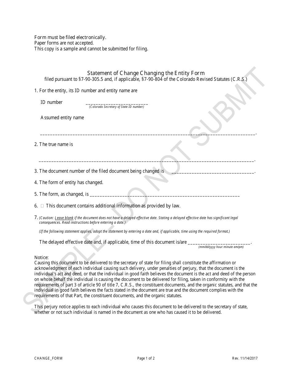 Statement of Change Changing the Entity Form - Sample - Colorado, Page 1