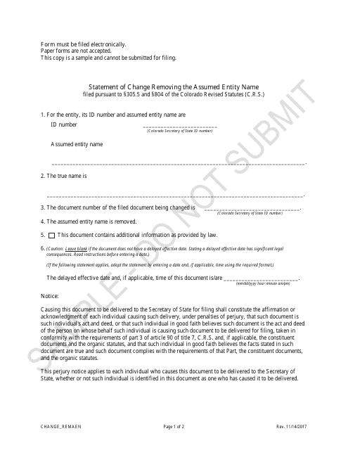 Statement of Change Removing the Assumed Entity Name - Sample - Colorado Download Pdf