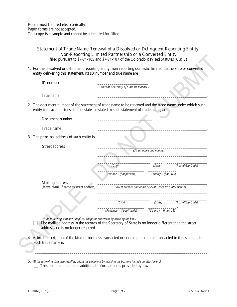 Statement of Trade Name Renewal of a Dissolved or Delinquent Reporting Entity, Non-reporting Limited Partnership or a Converted Entity - Sample - Colorado, Page 1