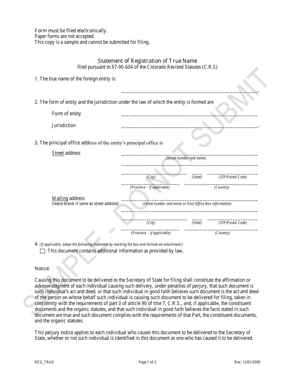 Statement of Registration of True Name - Sample - Colorado, Page 1