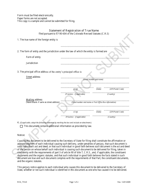 Statement of Registration of True Name - Sample - Colorado Download Pdf