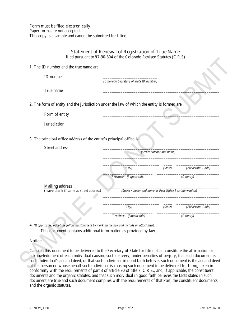 Colorado Statement of Renewal of Registration of True Name - Sample ...