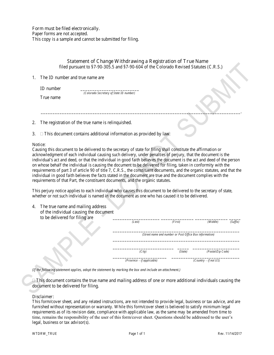 Statement of Change Withdrawing a Registration of True Name - Sample - Colorado, Page 1