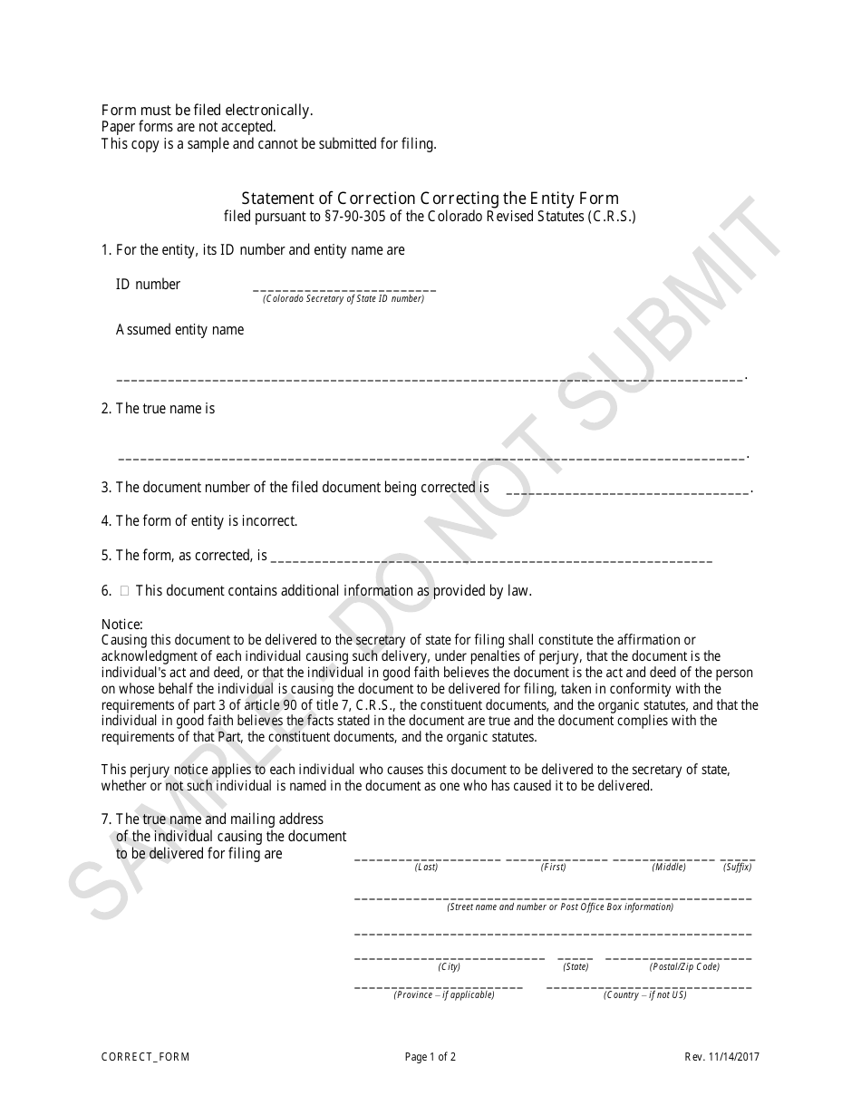 Colorado Statement of Correction Correcting the Entity Form - Sample ...