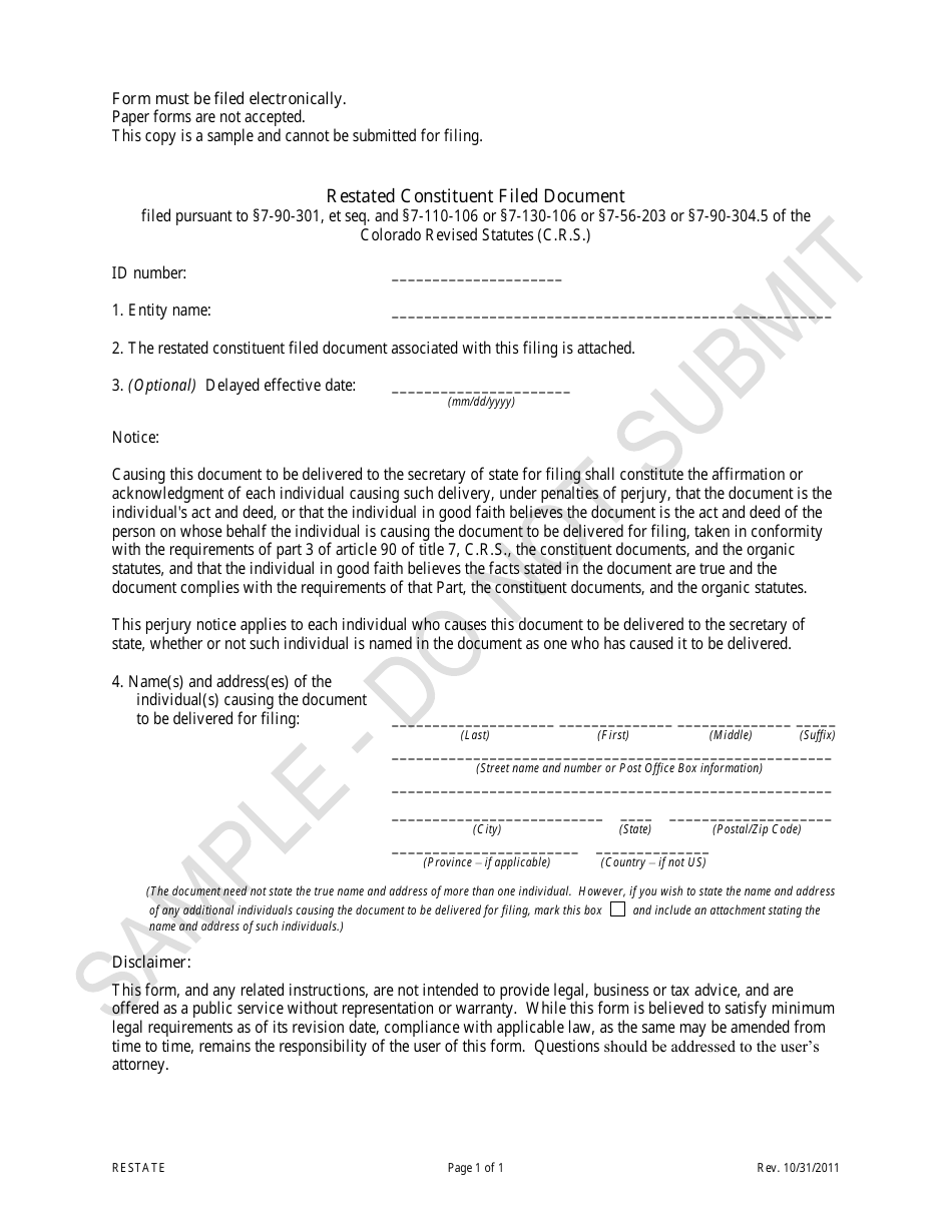 Restated Constituent Filed Document - Sample - Colorado, Page 1
