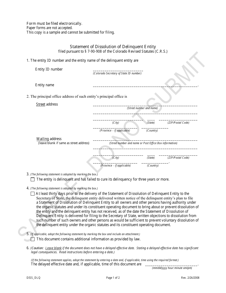 Colorado Statement of Dissolution of Delinquent Entity Sample Fill