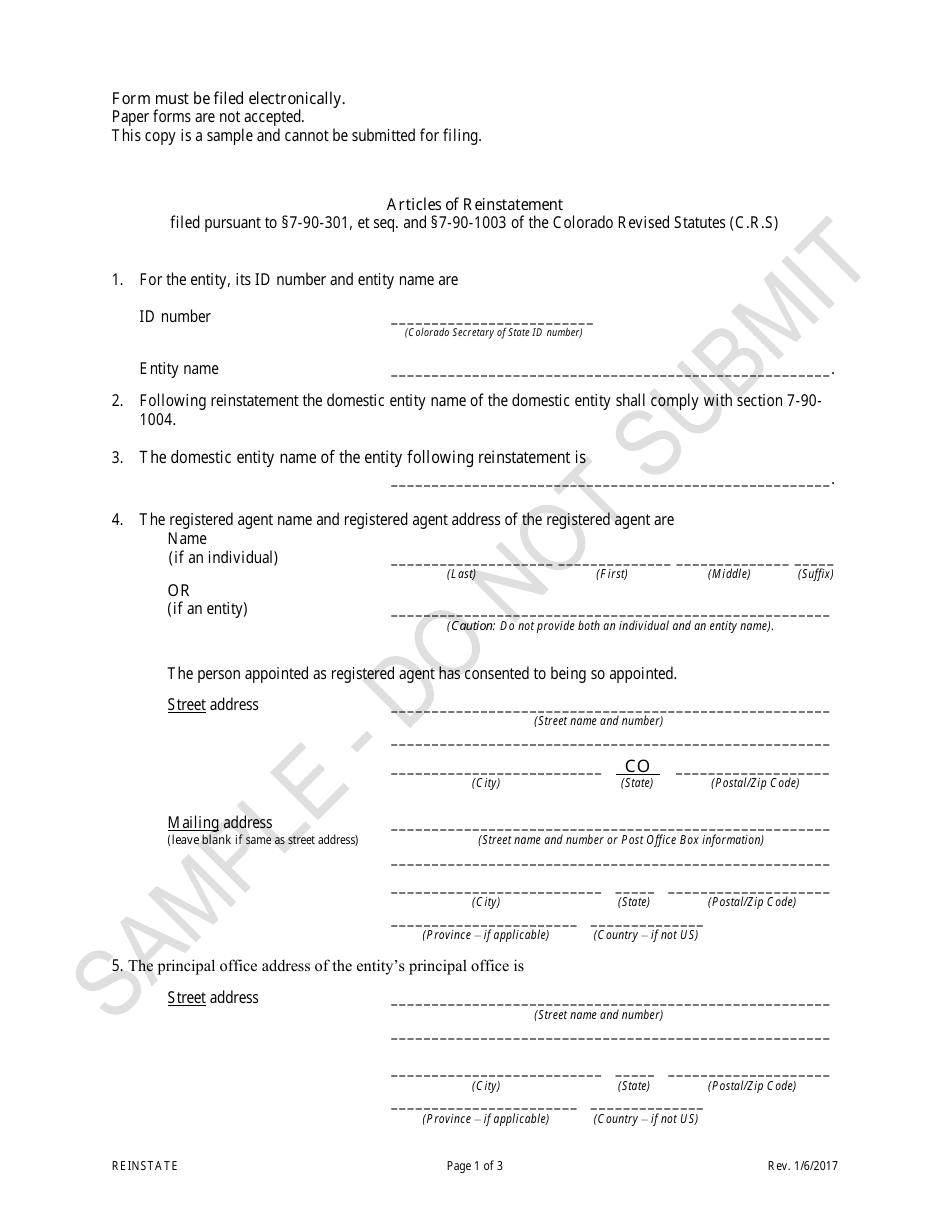 Articles of Reinstatement - Sample - Colorado, Page 1