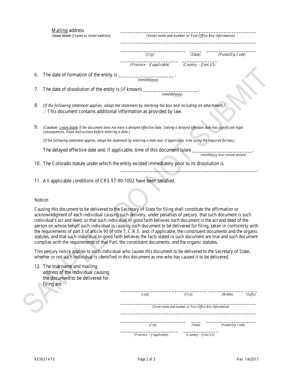 Colorado Articles of Reinstatement - Sample - Fill Out, Sign Online and ...