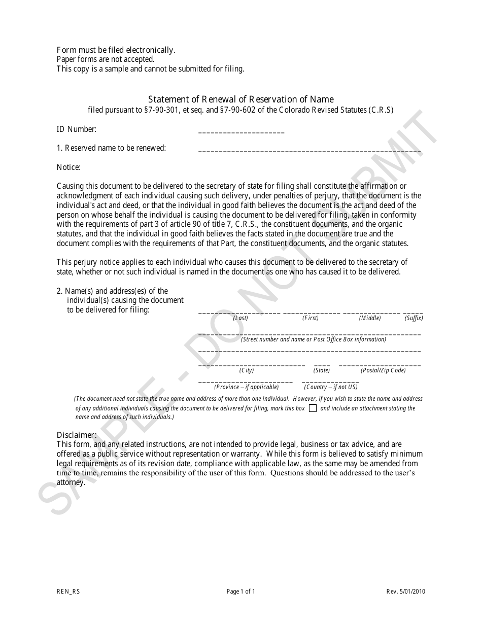 Colorado Statement of Renewal of Reservation of Name - Sample - Fill ...