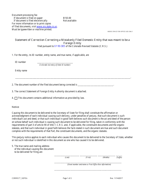 Statement of Correction Correcting a Mistakenly Filed Domestic Entity That Was Meant to Be a Foreign Entity - Colorado Download Pdf