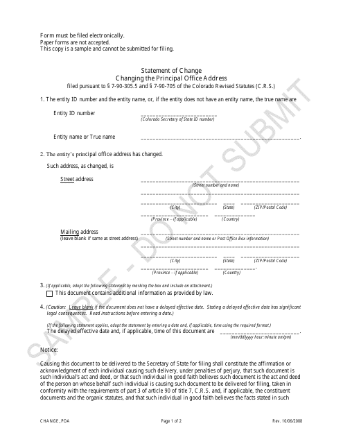 Statement of Change Changing the Principal Office Address - Sample - Colorado Download Pdf