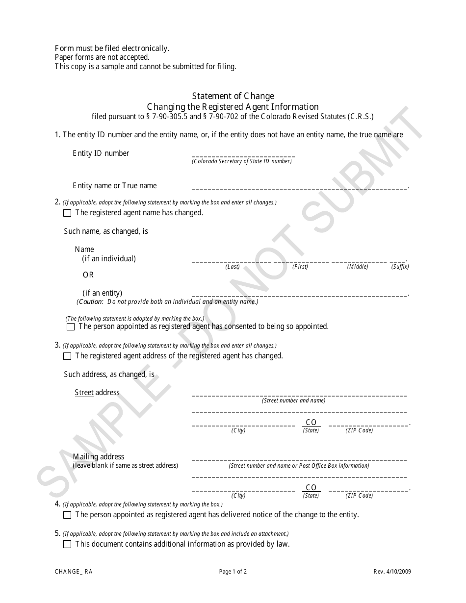 Statement of Change Changing the Registered Agent Information - Sample - Colorado, Page 1