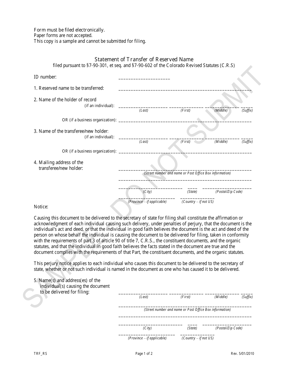Statement of Transfer of Reserved Name - Sample - Colorado, Page 1