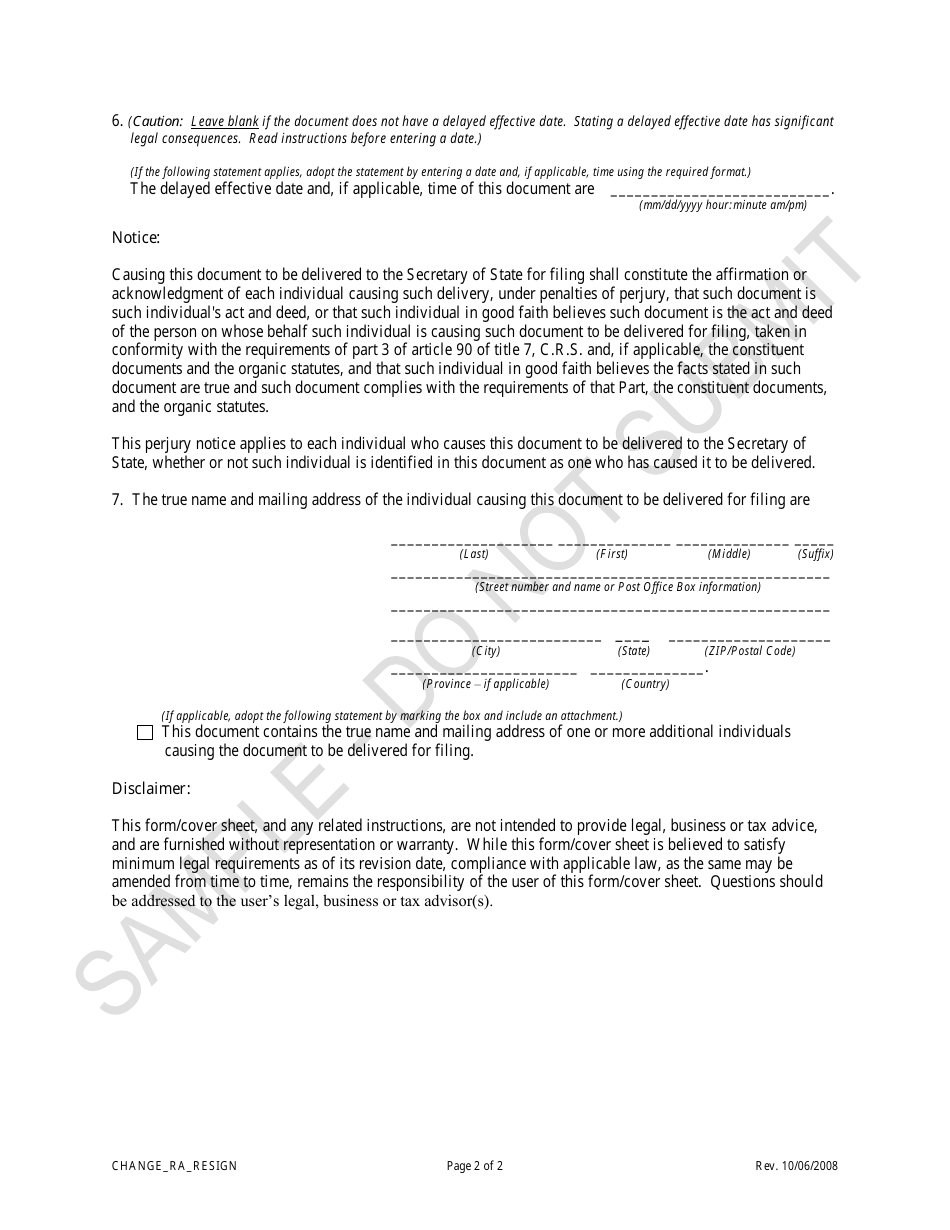 Statement of Change Regarding Resignation or Other Termination of Registered Agent - Sample - Colorado, Page 2