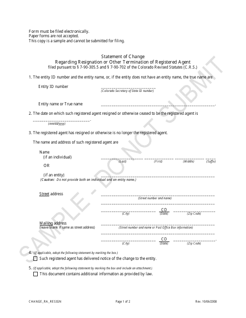 Statement of Change Regarding Resignation or Other Termination of Registered Agent - Sample - Colorado Download Pdf