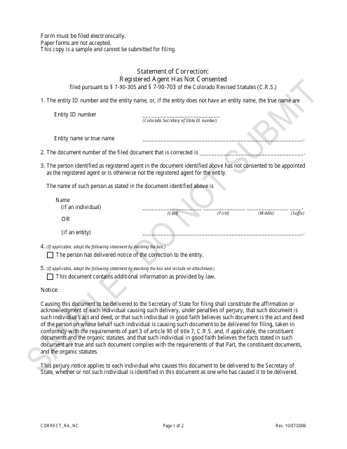 Statement of Correction: Registered Agent Has Not Consented - Sample - Colorado Download Pdf