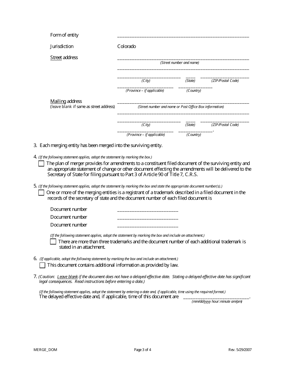 Statement of Merger (Surviving Entity Is a Domestic Entity) - Colorado, Page 3