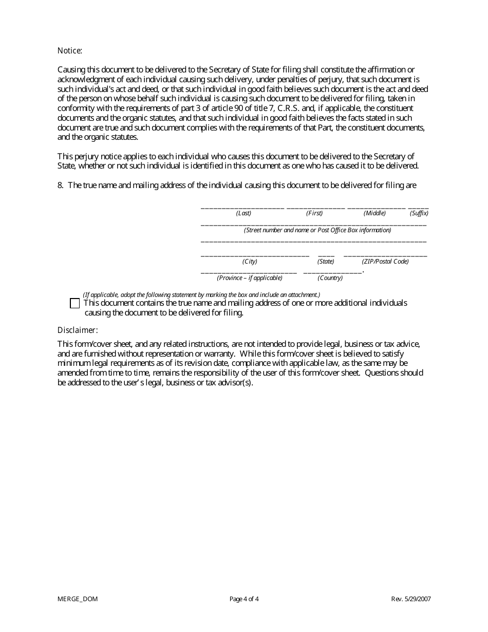 Statement of Merger (Surviving Entity Is a Domestic Entity) - Colorado, Page 4
