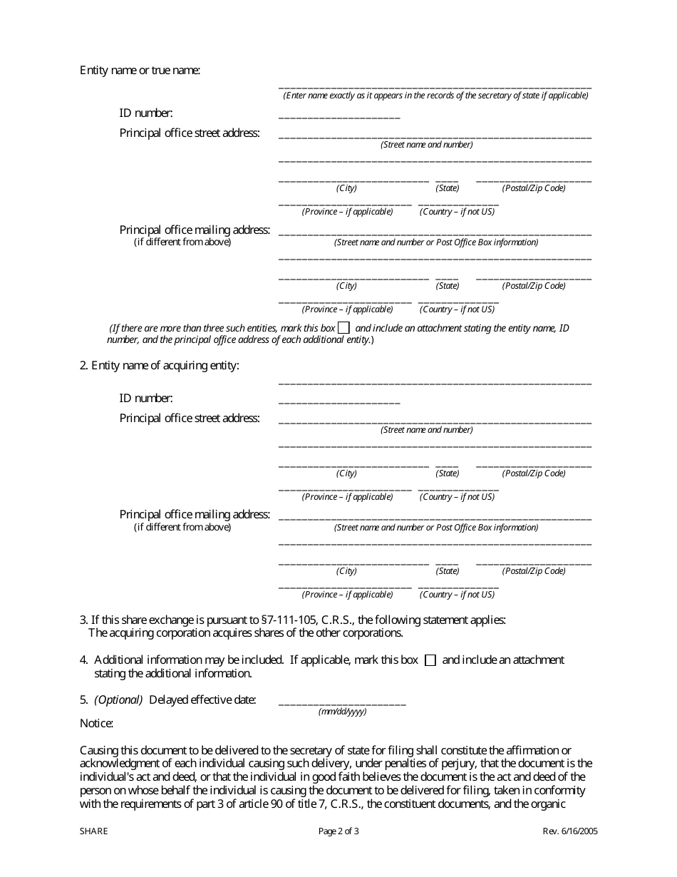 Statement of Share and Equity Capital Exchange - Colorado, Page 2