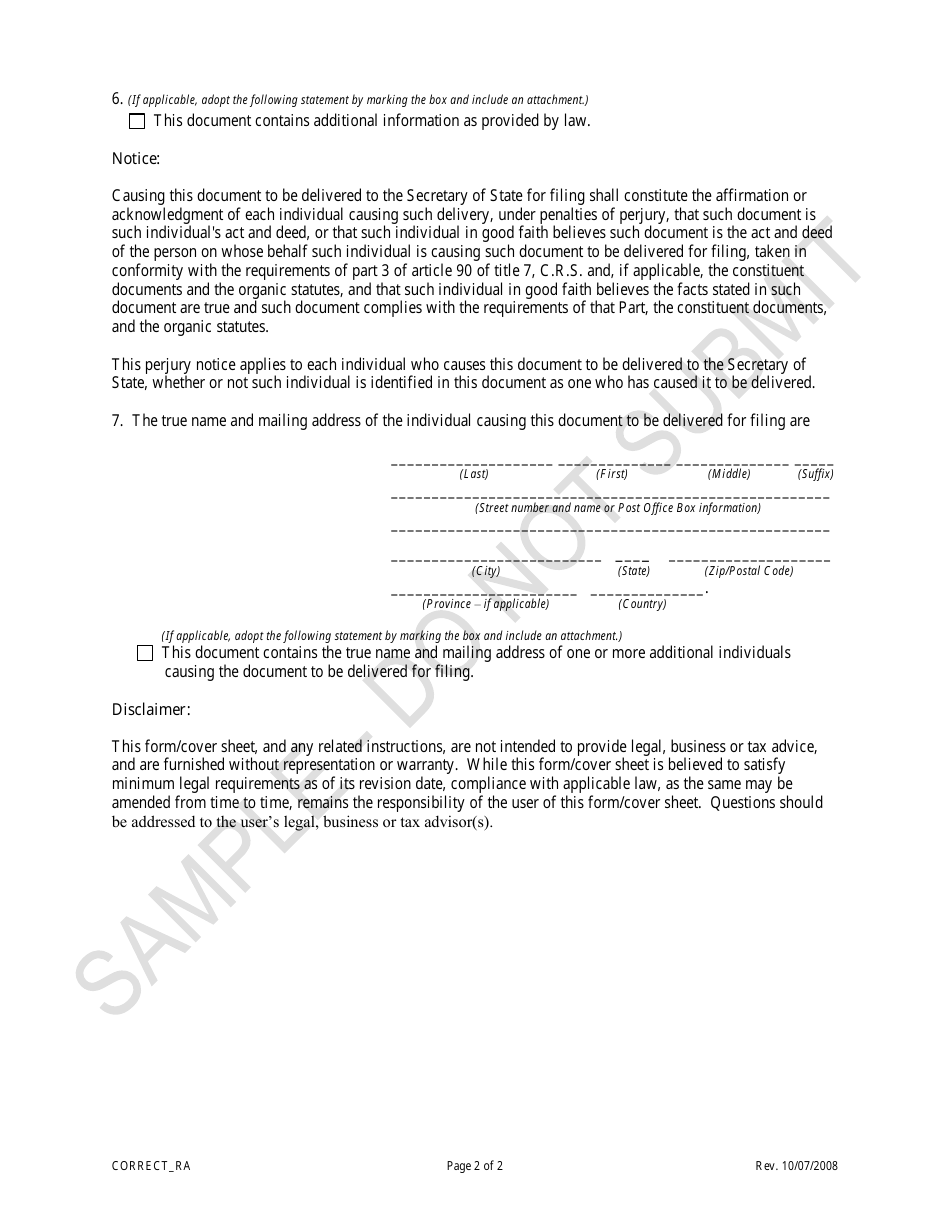Statement of Correction Correcting the Registered Agent Information - Sample - Colorado, Page 2