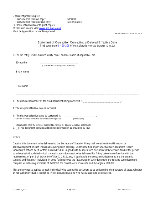 Colorado Statement Of Correction Correcting A Delayed Effective Date 
